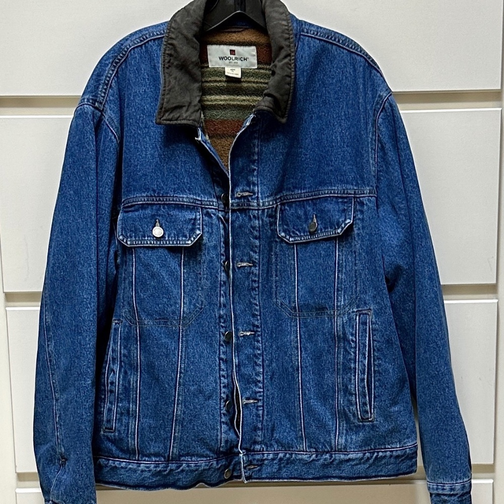 Woolrich Mens Denim Chore jacket blanket lining leather collar XL